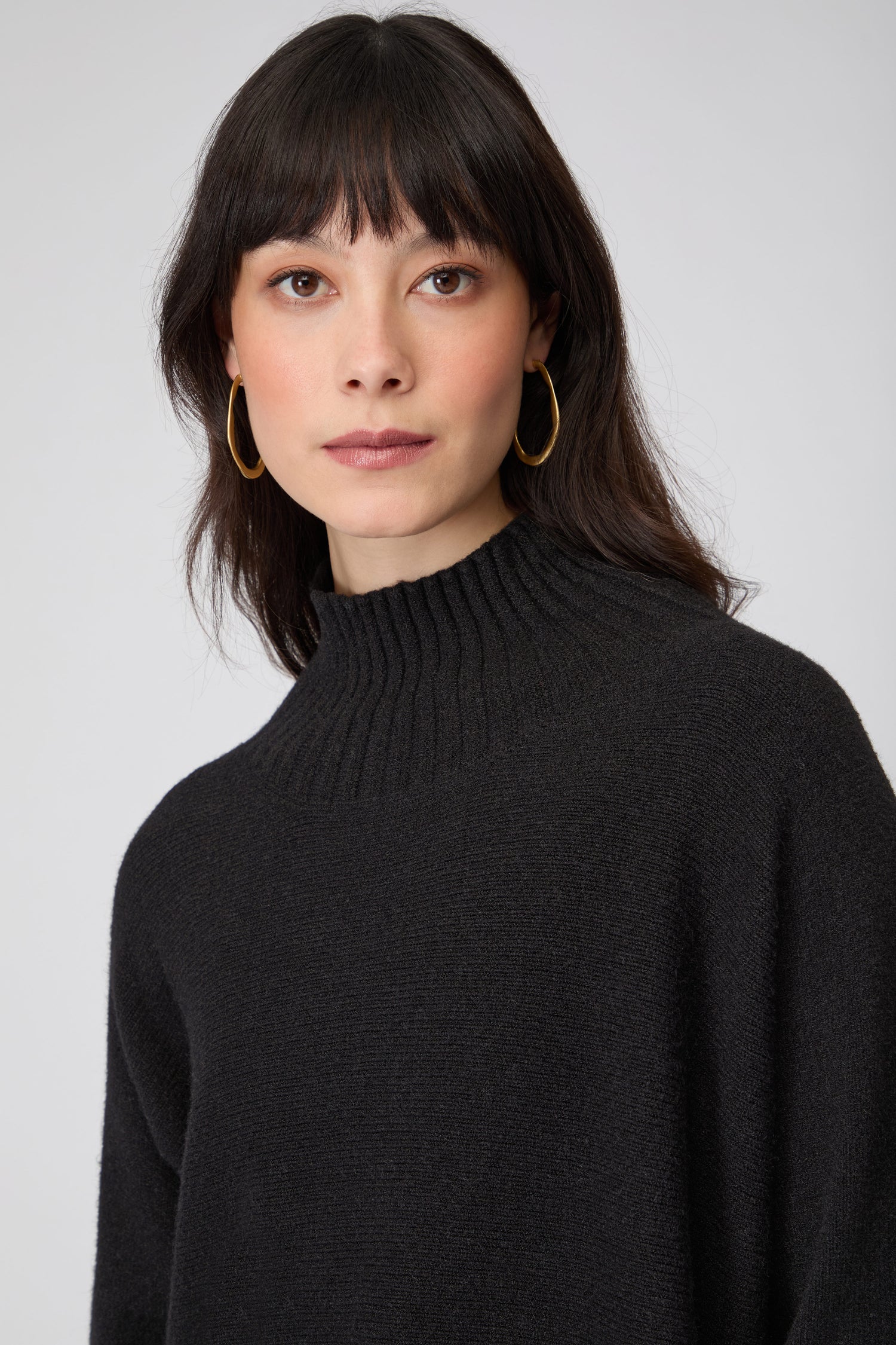 A woman with straight dark hair and gold hoop earrings models the Boxy High Neck Knit sweater in black against a neutral background.