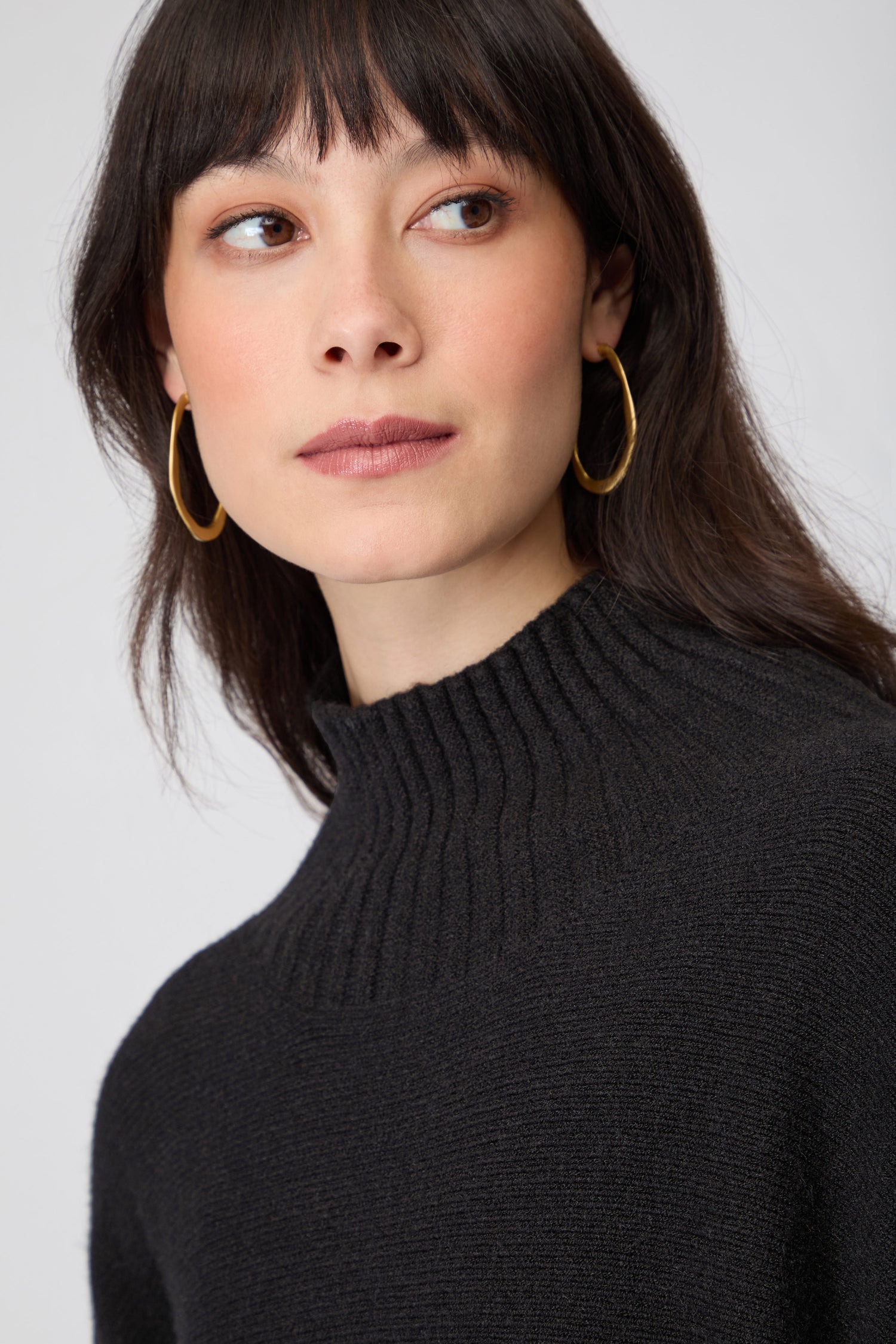 A woman with long dark hair and gold hoop earrings wears the Boxy High Neck Knit in black, looking to the side against a neutral background.