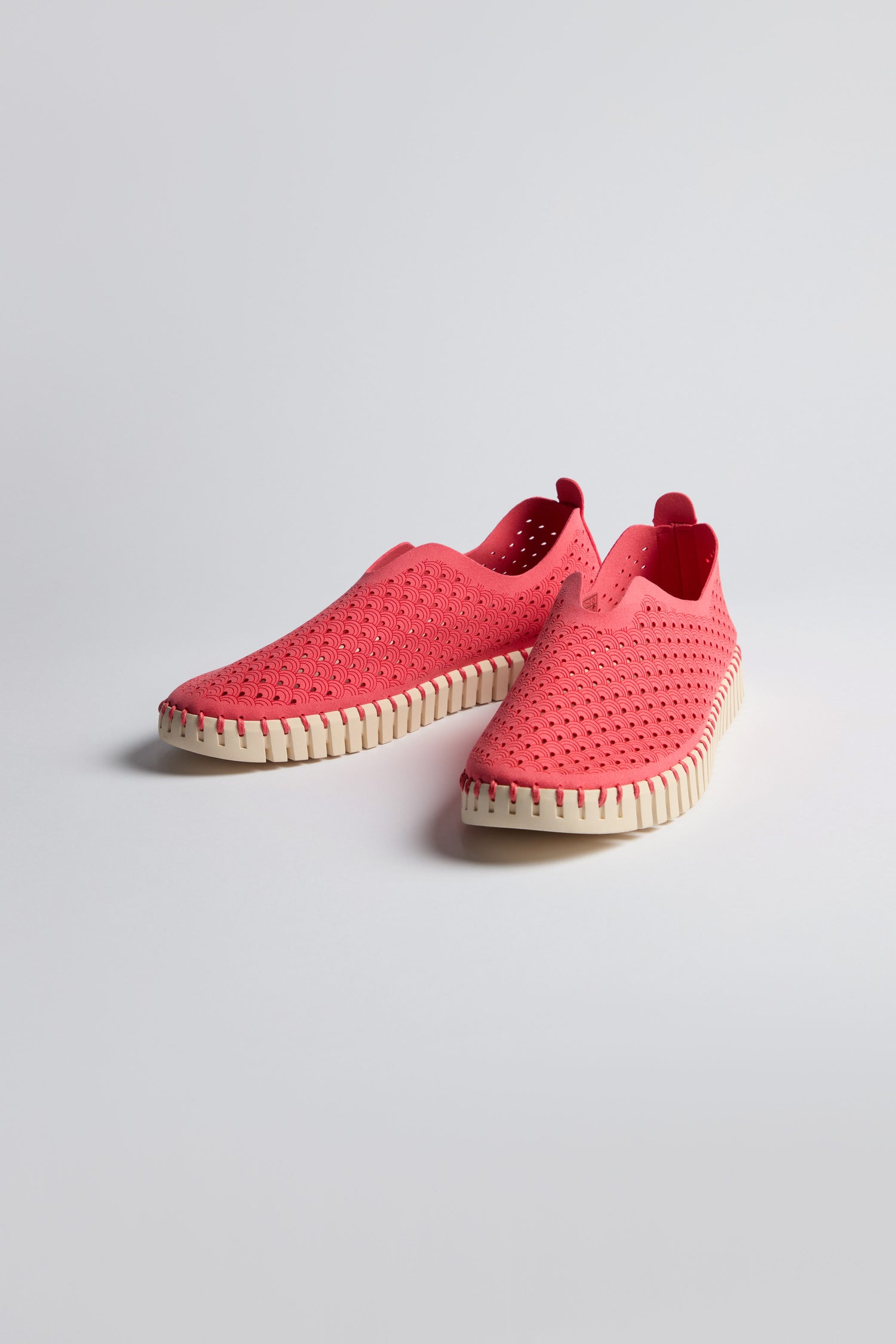 Raspberry Tulip Platform Slip On Shoes by Ilse Jacobsen, made from recycled microfiber with perforated uppers and white soles, shown on a plain light background.