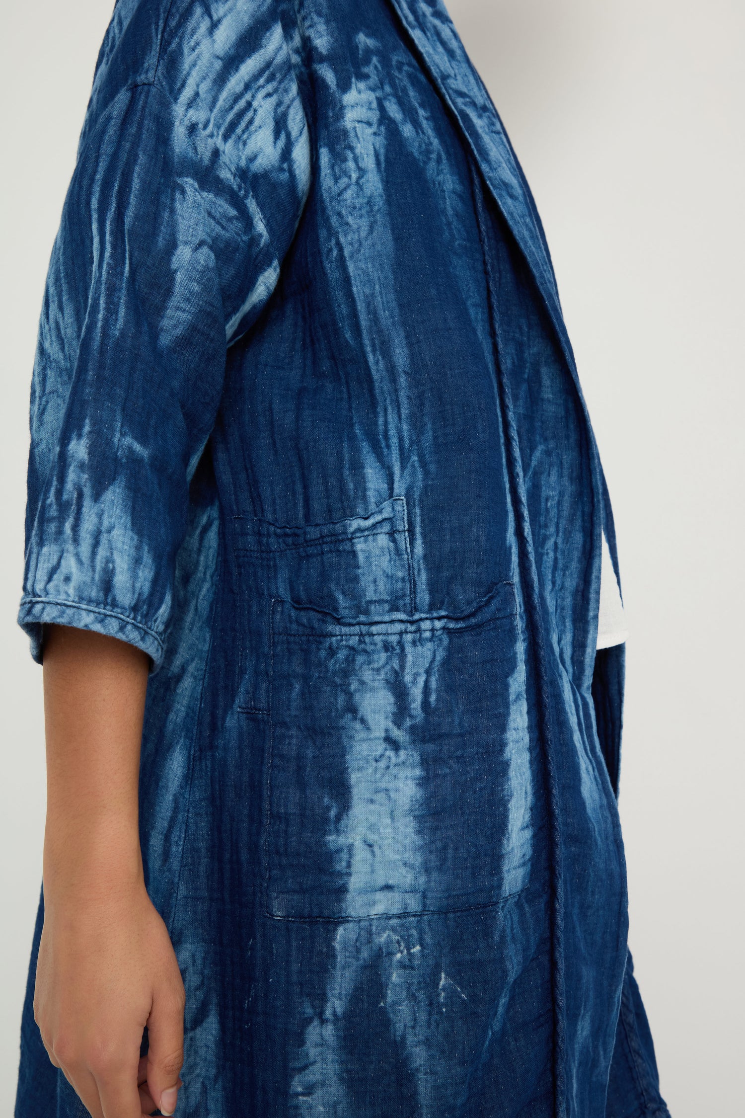 A person wearing the Soft Denim Easy Jacket, featuring a relaxed silhouette.