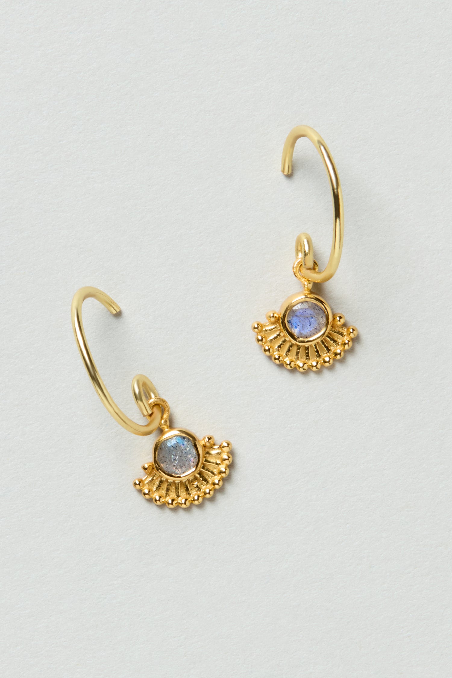 Gold Plated Labradorite Sunburst Earrings, style MJU11012GB2, feature round blue labradorite stones and decorative gold beaded fan-shaped accents.