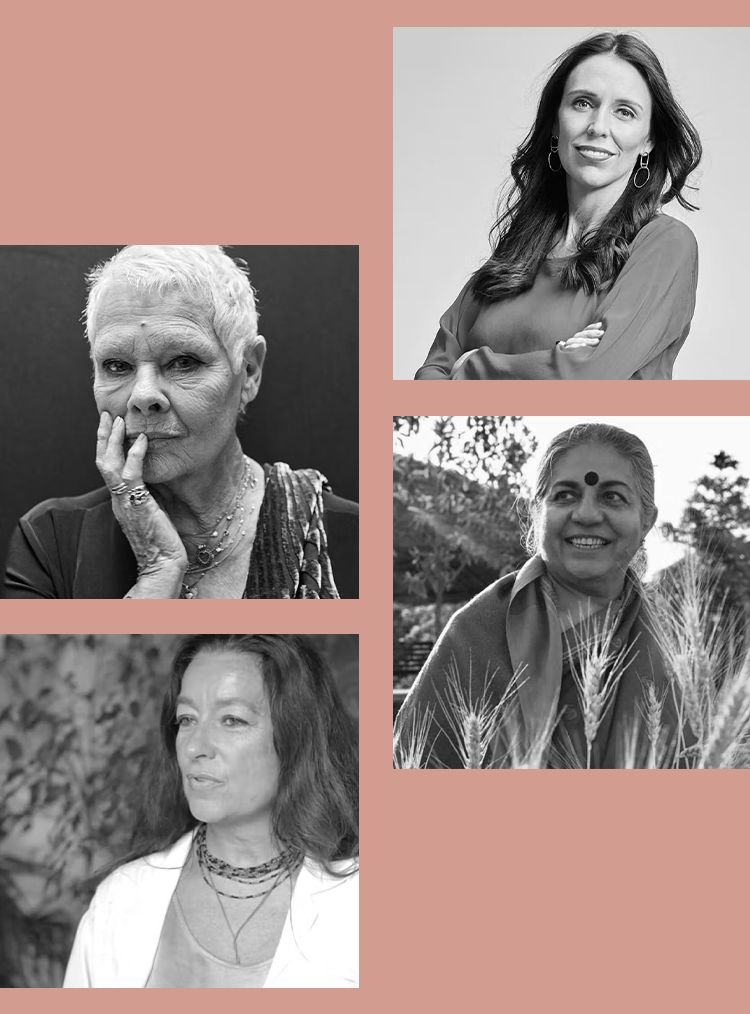 black and white images of women against a dark dusky pink background