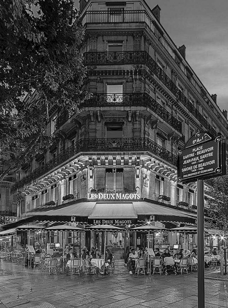 les deux magots restaurant in black and white