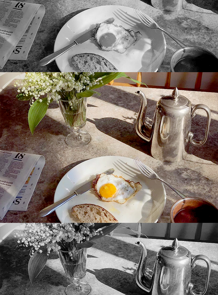 fried egg and toast on a plate with a coffee pot