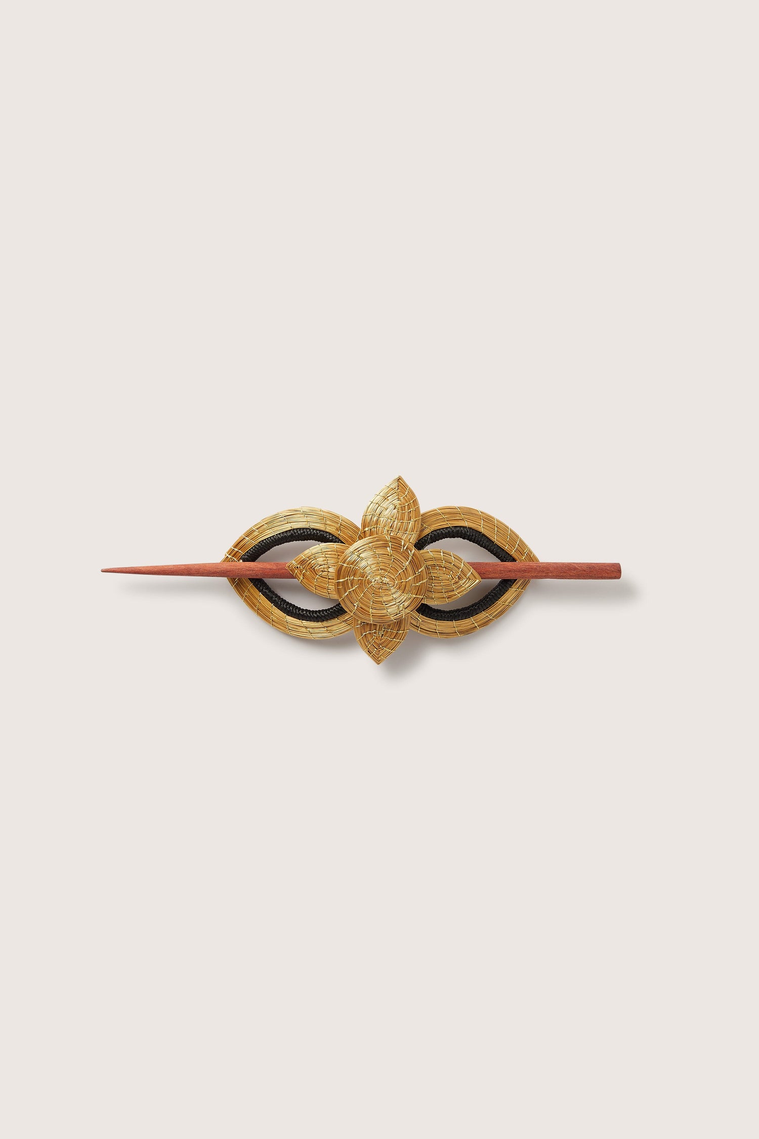 Traditional Japanese Golden Grass Woven Flower Hair Pin on a white background.