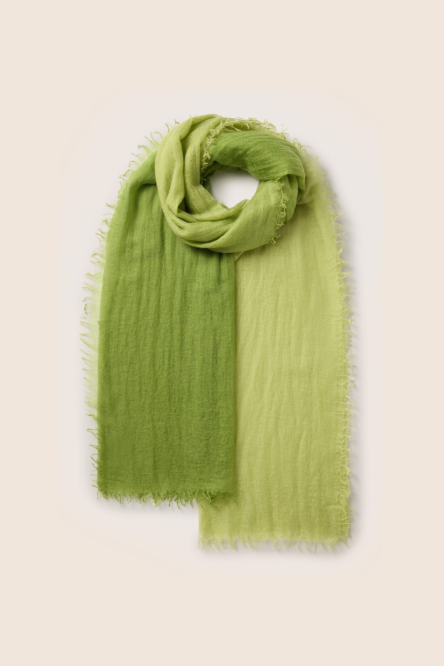 The Ombre Cashmere Scarf features a two-toned ombre dye with fringed edges, transitioning from a darker green on the left side to a lighter green on the right side. Made from 100% cashmere, this soft green scarf is laid out in a looped arrangement.