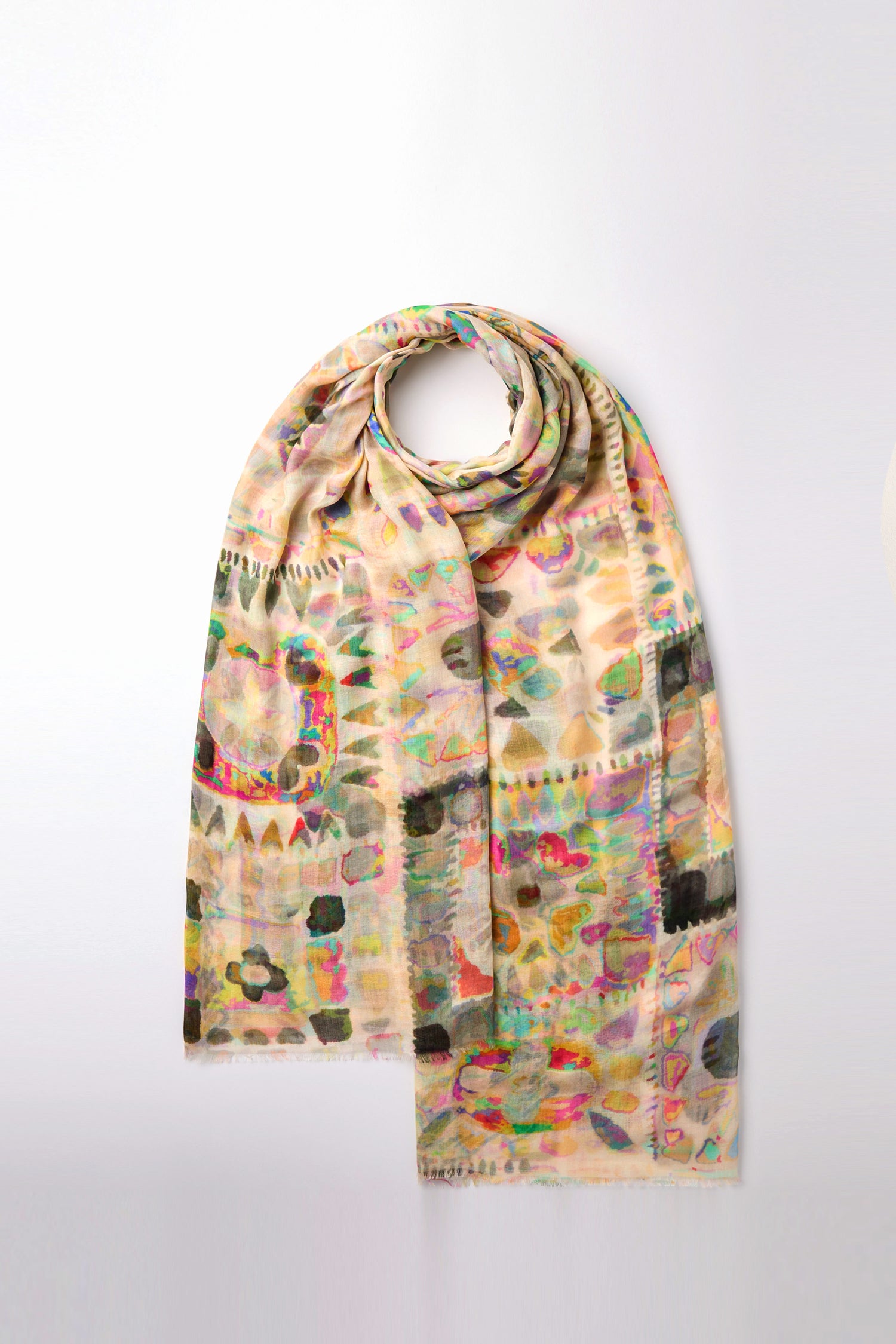 A lightweight Collage Modal Scarf featuring a vibrant abstract design on a white background.