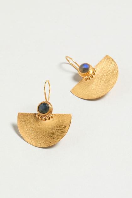 Introducing the Hand Crafted Gold Labradorite Fan Earrings, featuring gold half-circles with textured surfaces and round semi-precious labradorite stones set above delicate gold beads.