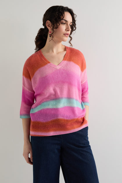 V Neck Stripe Cashmere Knit