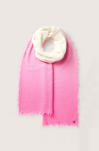 A luxurious blend, the Ombre Wool Scarf in pink and white with frayed edges is arranged in a loop on a plain background, offering you a versatile accessory for any outfit.