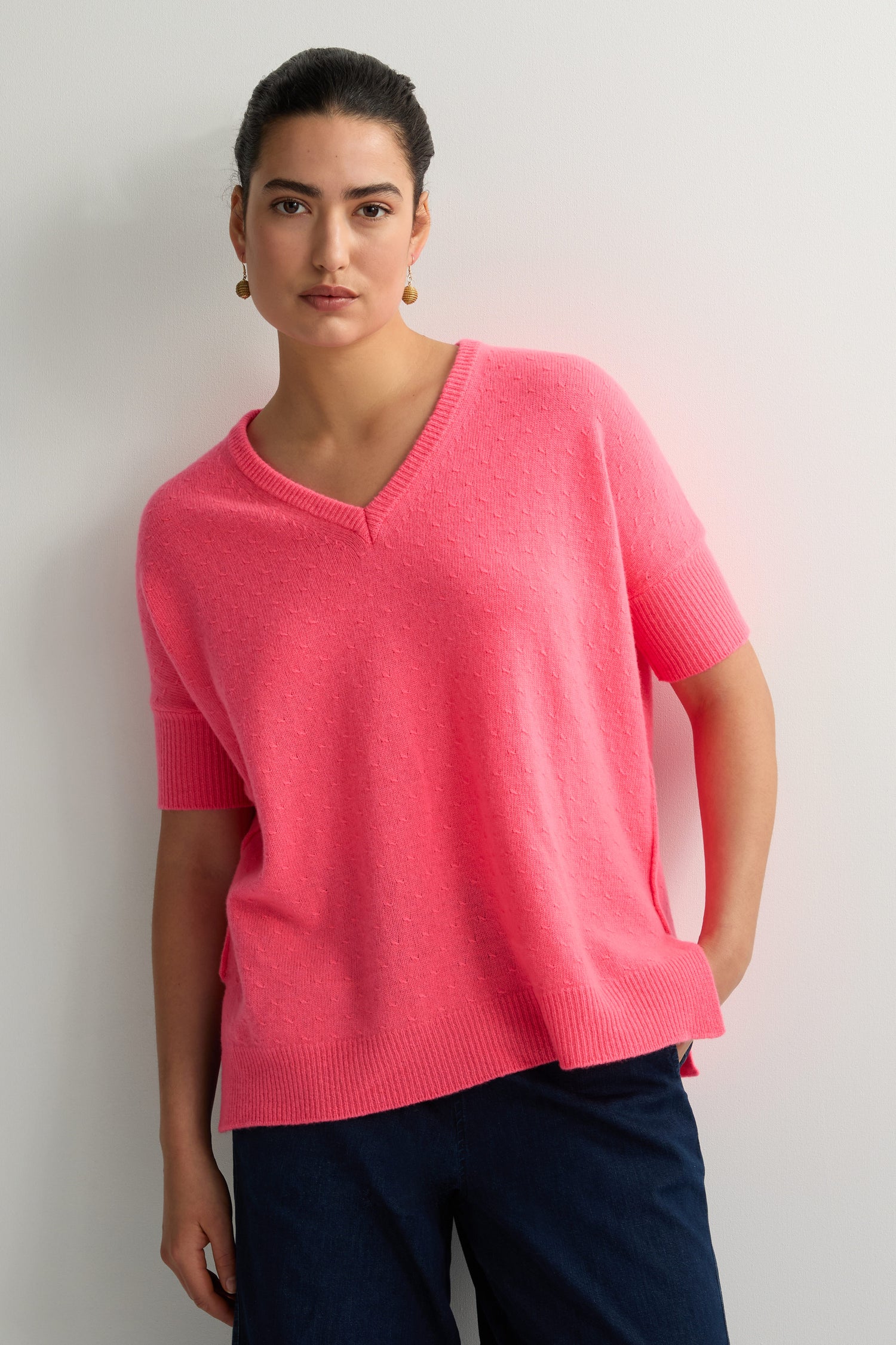 Merino Wool V Neck Knot Stitch Jumper