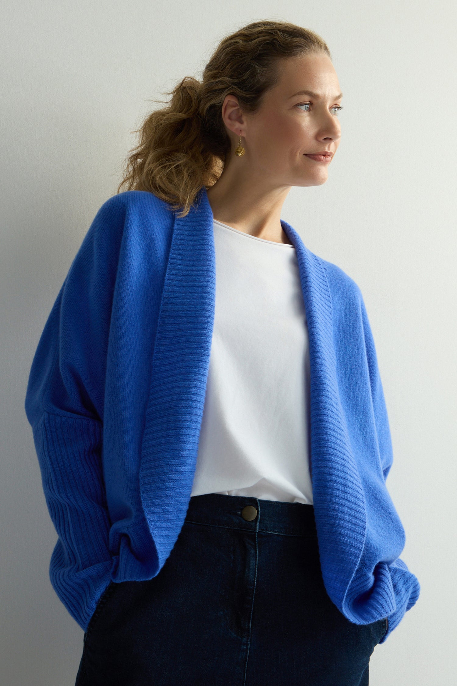 Merino Wool Ribbed Cuff Shawl Cardigan