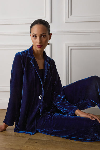 Azure Boxy Silk Velvet Jacket