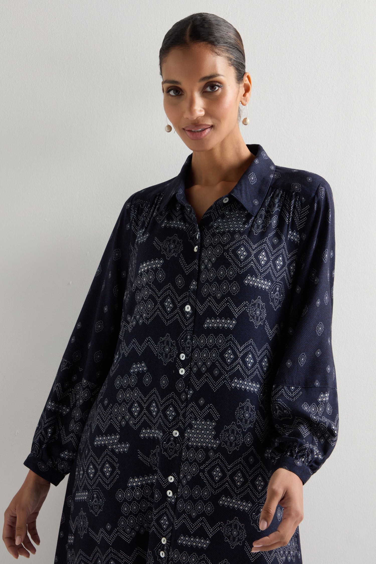 Stitched Print Shirt Dress