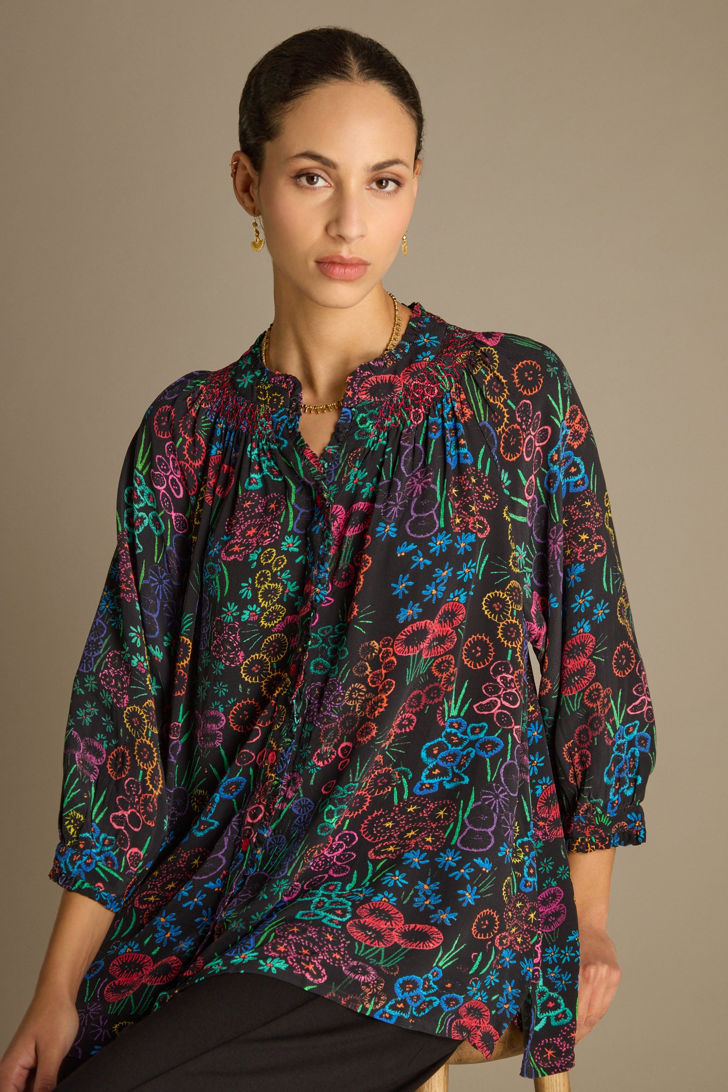 Floral Embroidery Print Shirt