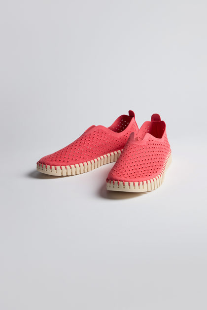 Raspberry Tulip Platform Slip On Shoes by Ilse Jacobsen, made from recycled microfiber with perforated uppers and white soles, shown on a plain light background.