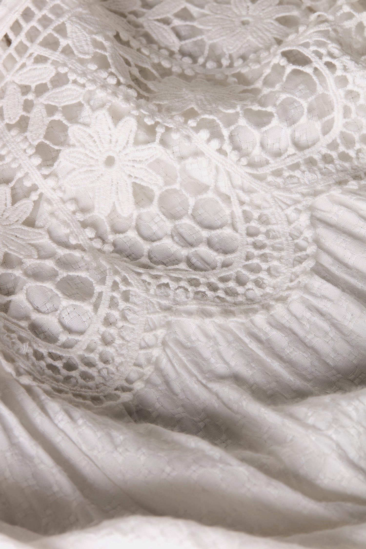 Close-up of the Floral Lace Trim Top, highlighting its white lace fabric with floral patterns and intricate detailing. The texture is soft and lightweight.