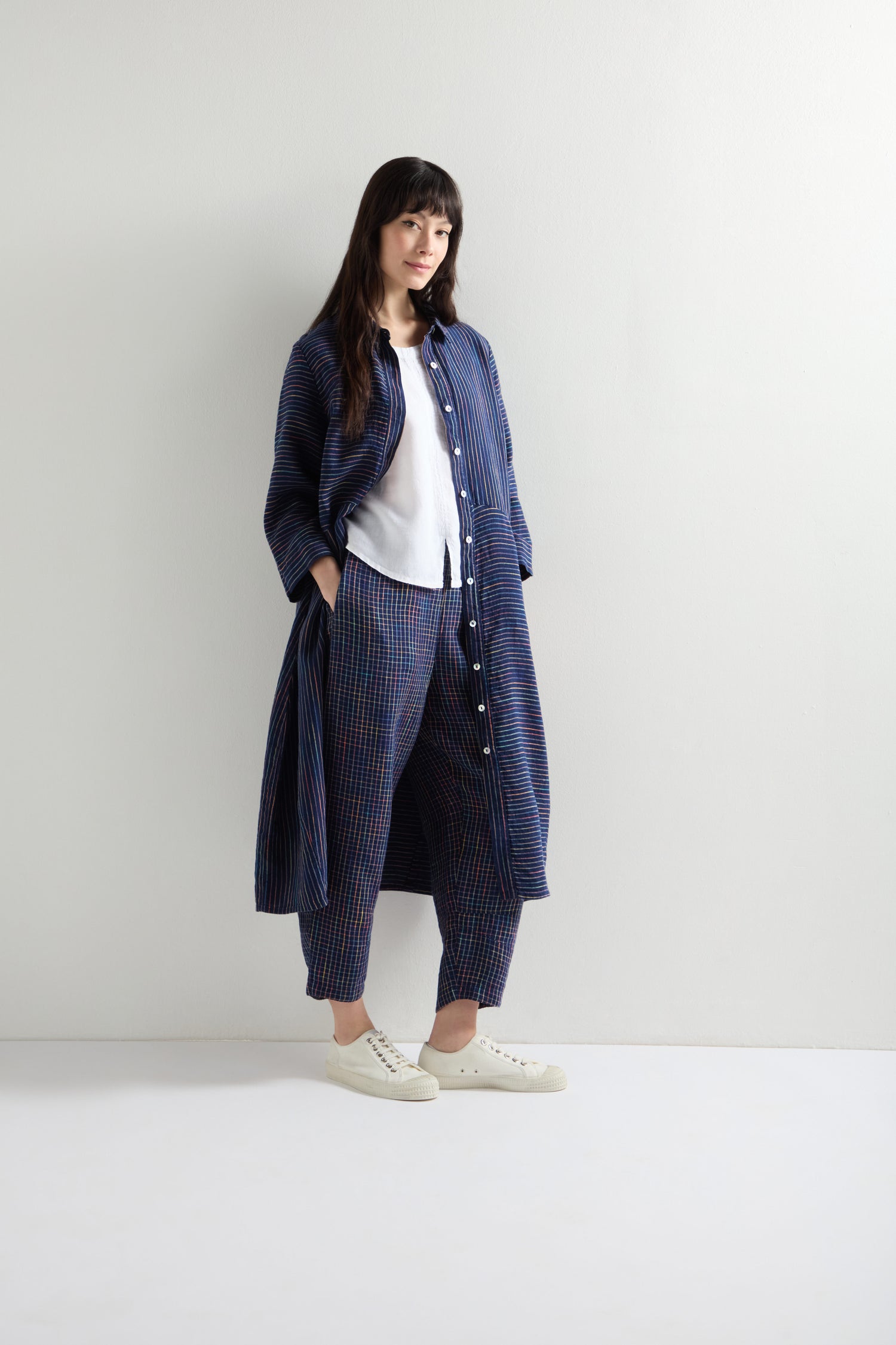 Linen Navy Space Dye Stripe Shirt Dress