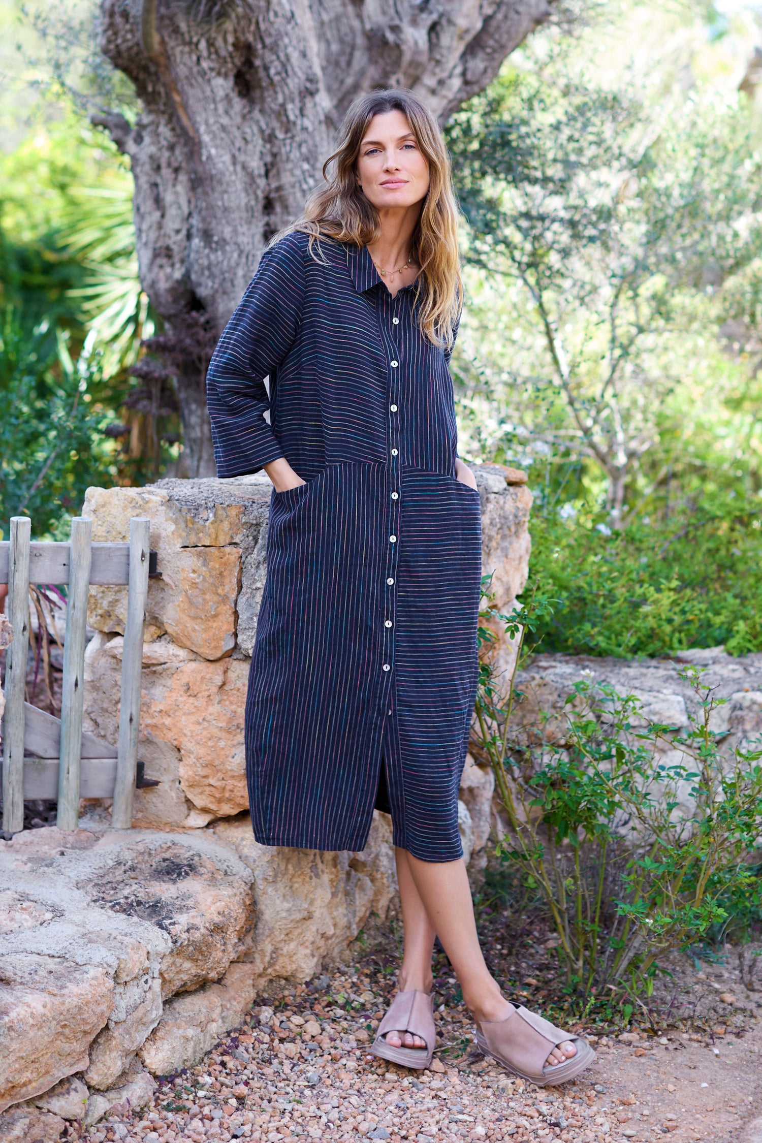 Linen Navy Space Dye Stripe Shirt Dress