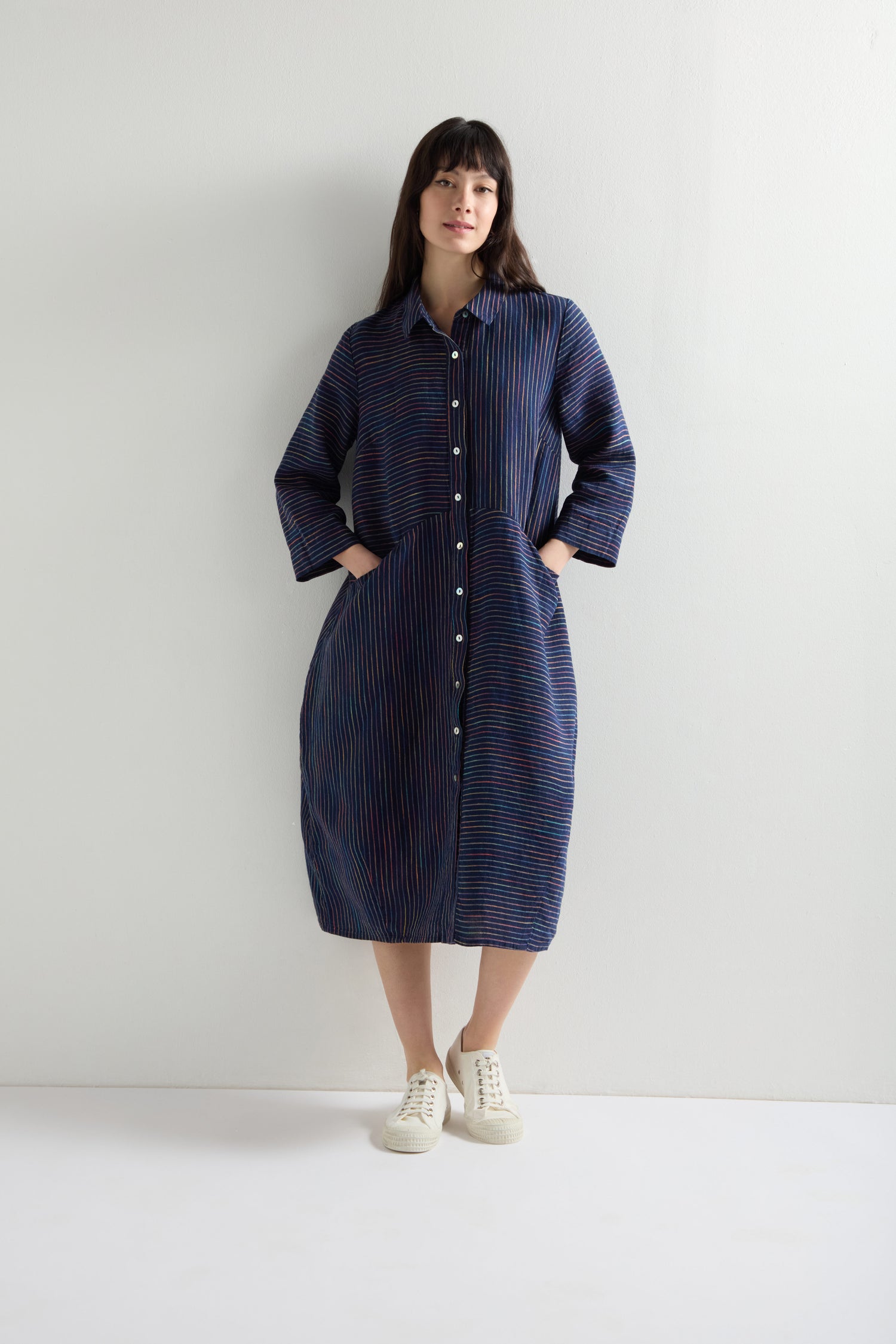 Linen Navy Space Dye Stripe Shirt Dress