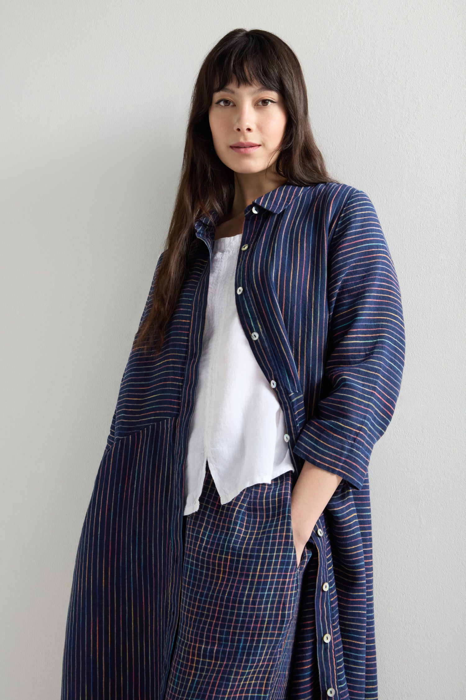 Linen Navy Space Dye Stripe Shirt Dress