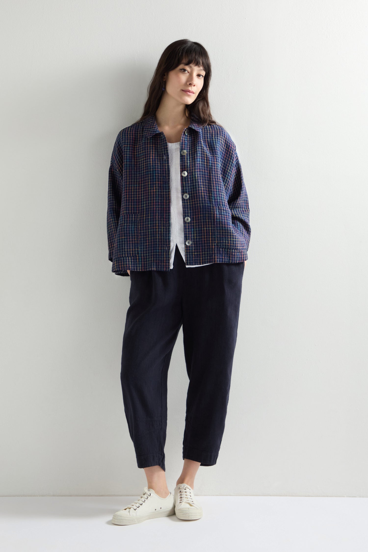 Linen Navy Space Dye Check Boxy Jacket