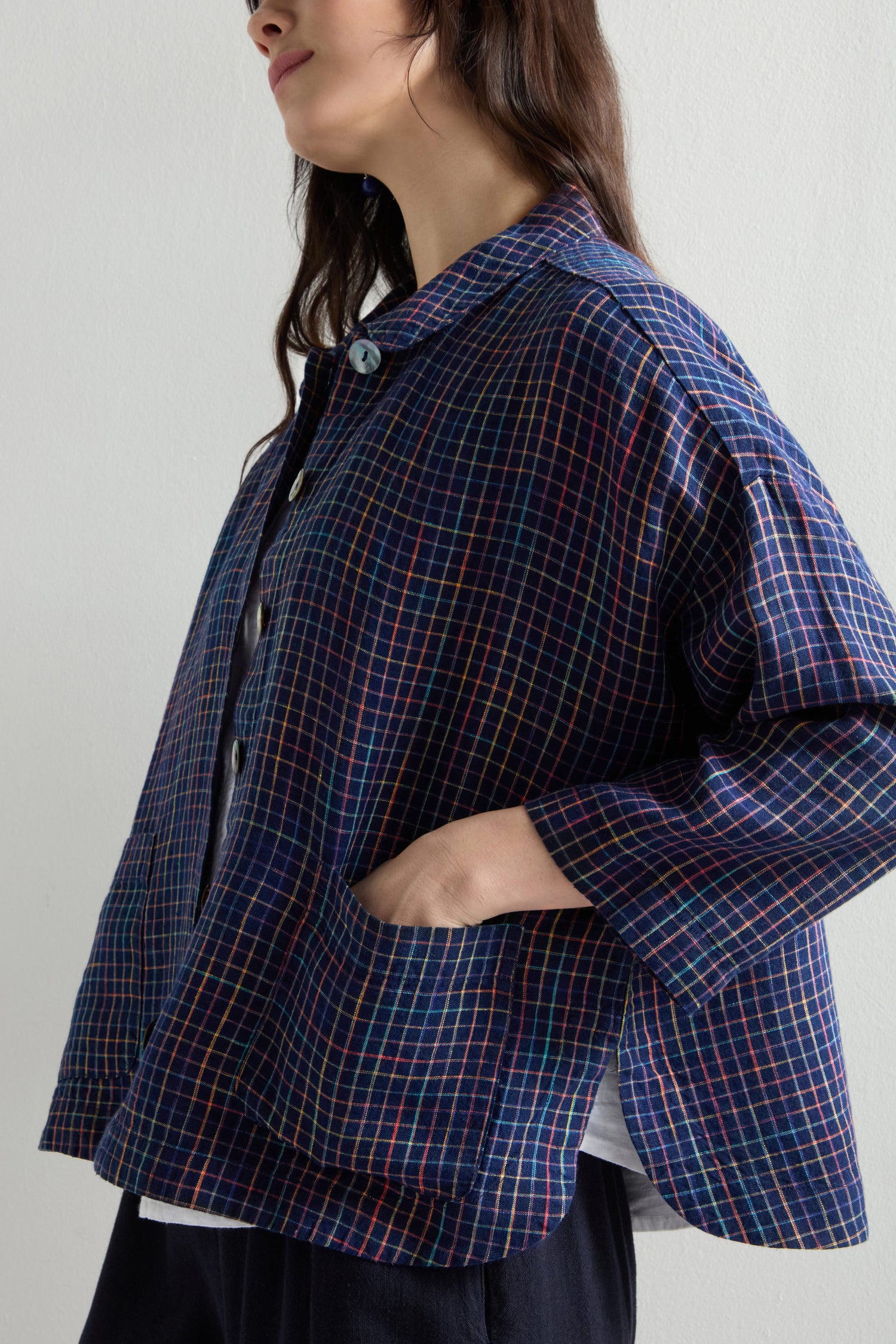 Linen Navy Space Dye Check Boxy Jacket