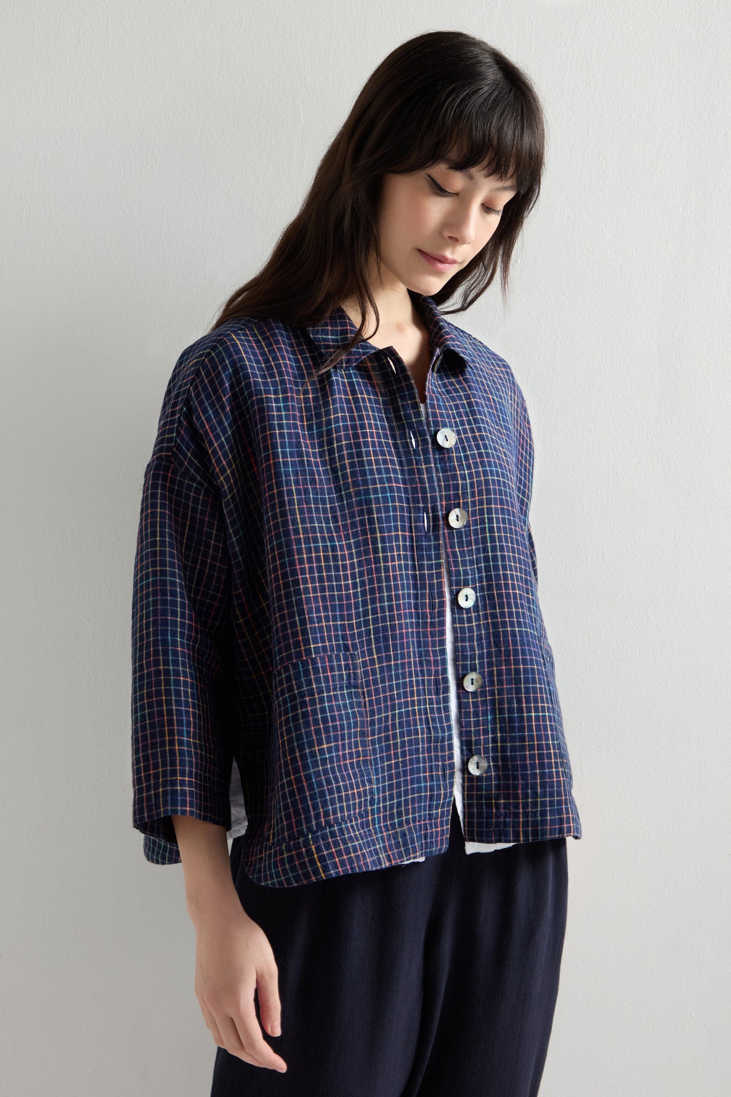 Linen Navy Space Dye Check Boxy Jacket