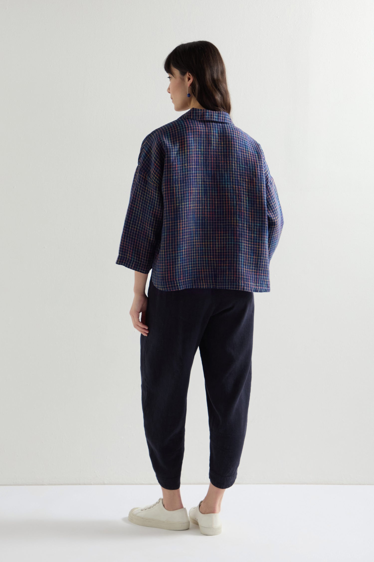 Linen Navy Space Dye Check Boxy Jacket