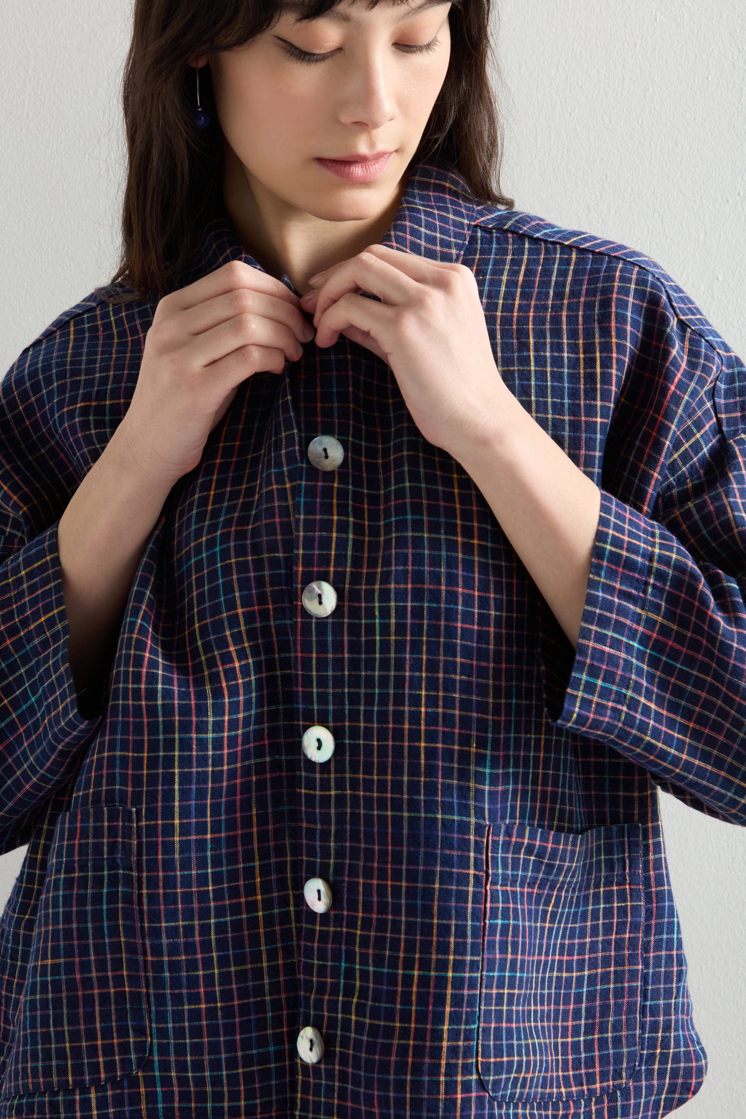 Linen Navy Space Dye Check Boxy Jacket