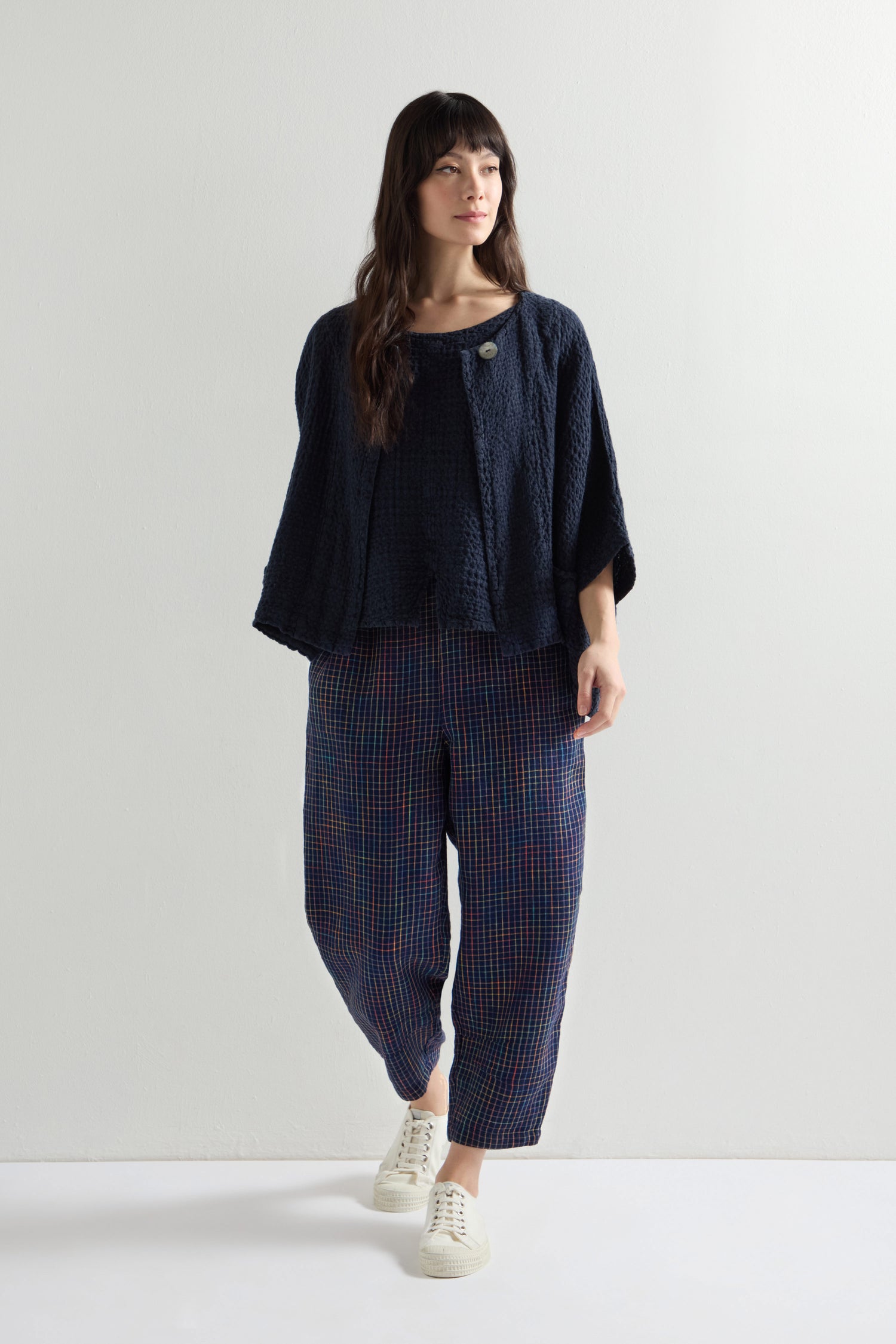 Linen Navy Space Dye Check Bubble Trouser