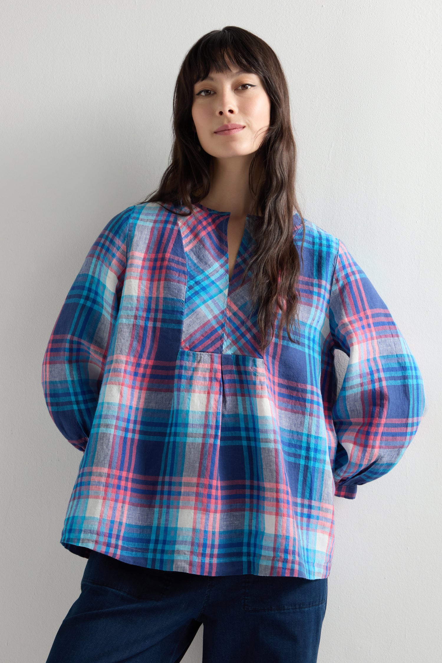 Linen Check Placket Top