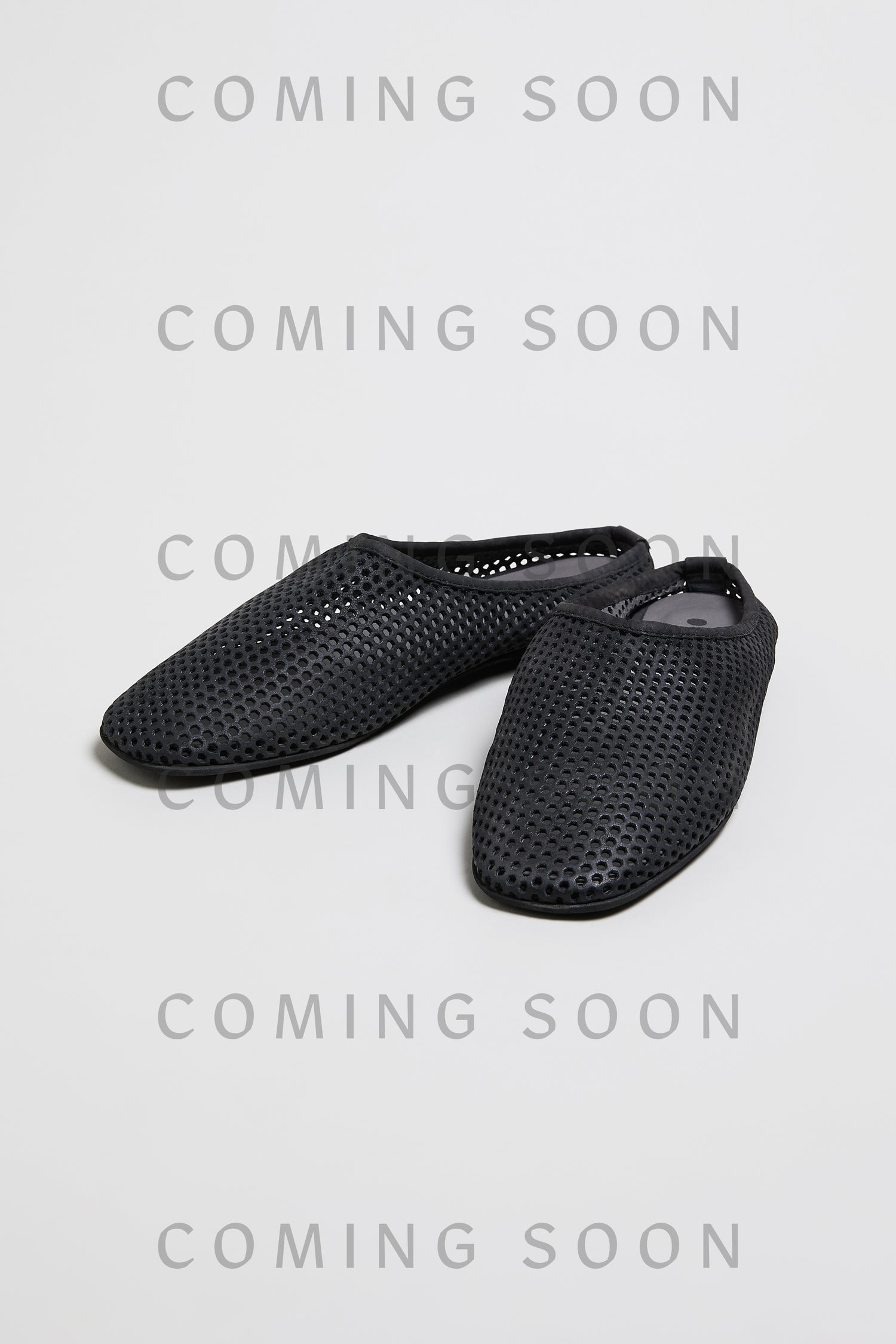 Mesh Leather Slip on Shoes, model LOFI10042, in black are displayed on a plain background with "COMING SOON" and "SS26" repeatedly overlaid.