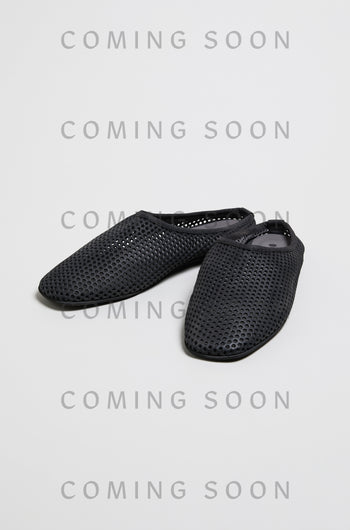 Mesh Leather Slip on Shoes, model LOFI10042, in black are displayed on a plain background with "COMING SOON" and "SS26" repeatedly overlaid.