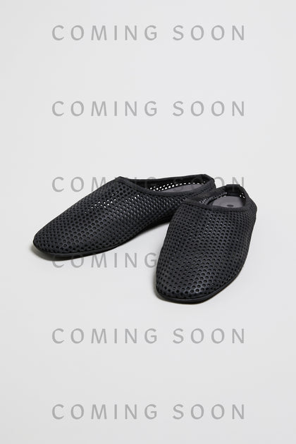 Mesh Leather Slip on Shoes, model LOFI10042, in black are displayed on a plain background with "COMING SOON" and "SS26" repeatedly overlaid.