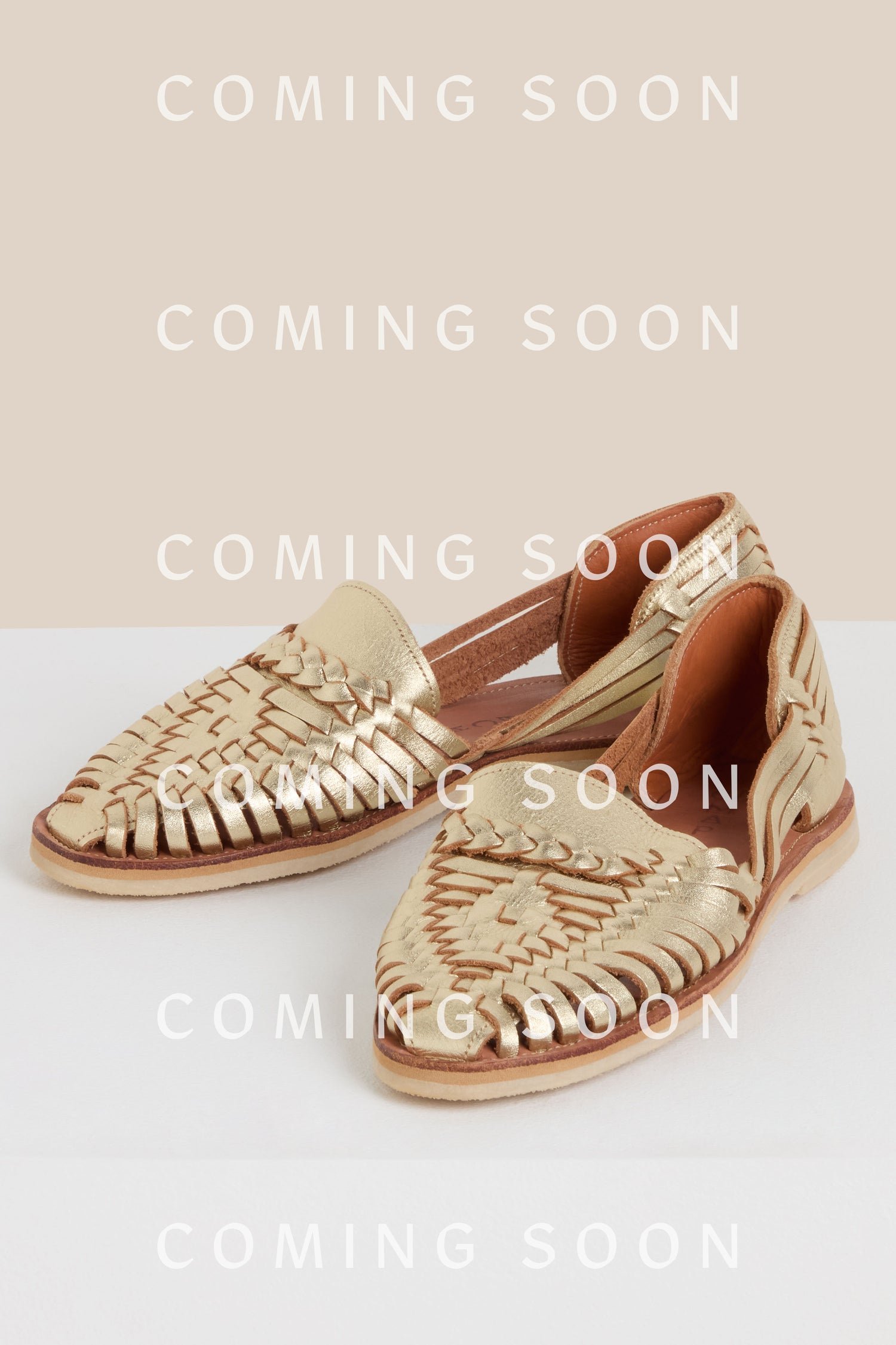 Alegre Leather Huarache Sandals showcased with a repeated "COMING SOON" text overlay.