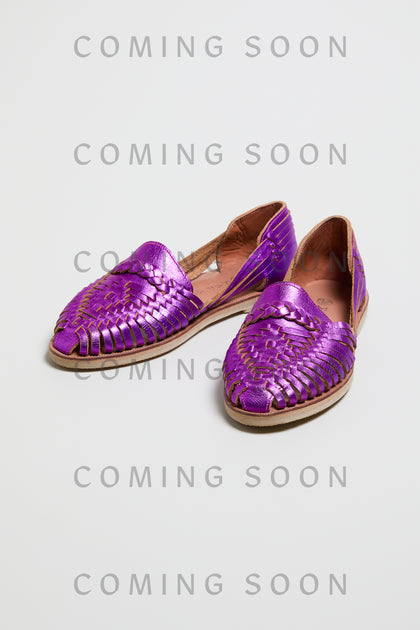 The Metallic Purple Alegre Leather Huarache Sandals are displayed on a white background with "COMING SOON" text overlaid multiple times.