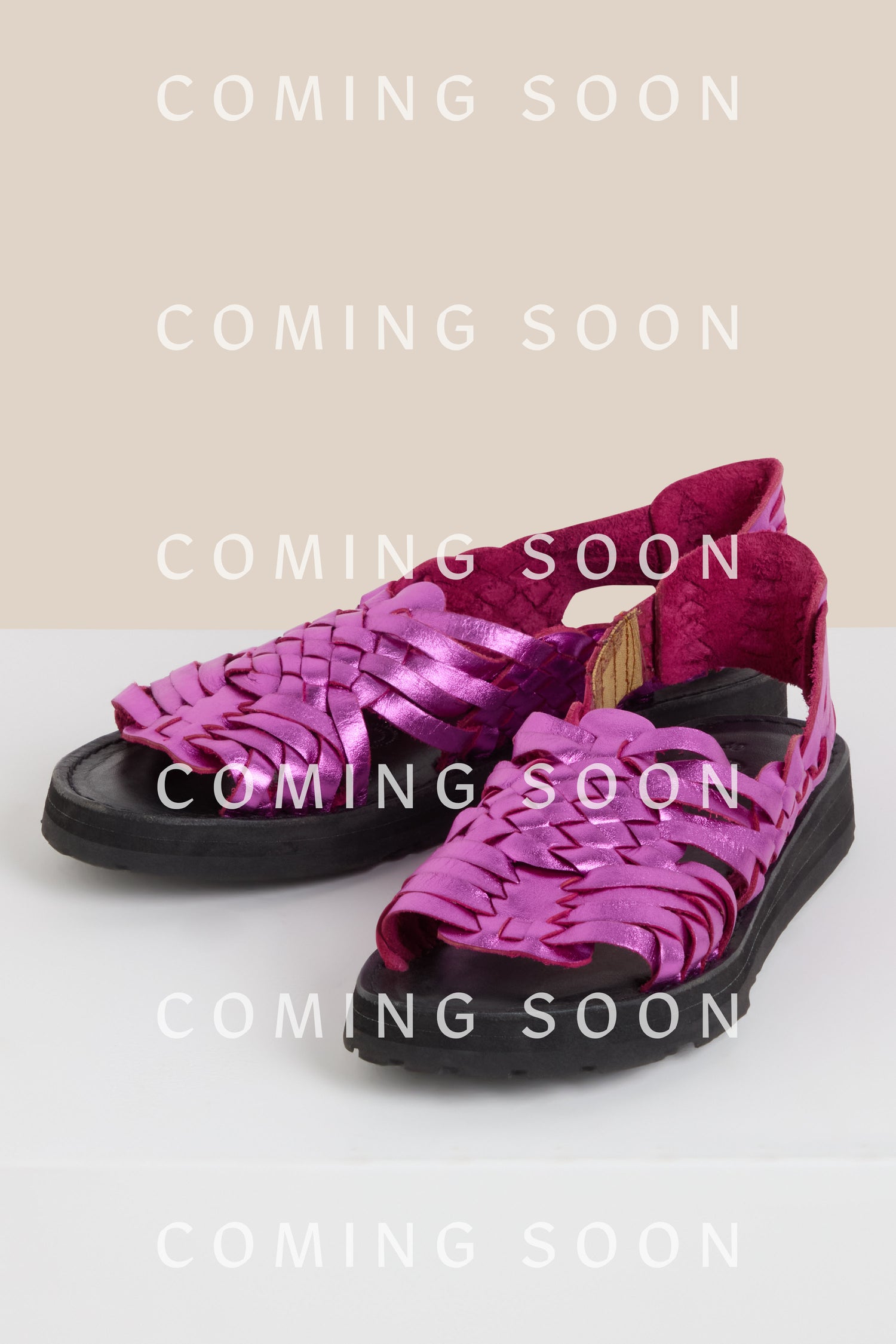 Magenta Frida Woven Leather Sandals with black soles are highlighted on a neutral background. Overlaid text reads "Coming Soon." Stay tuned for these exclusive MAPFRIDA designs, expertly combining comfort and style for the modern consumer.