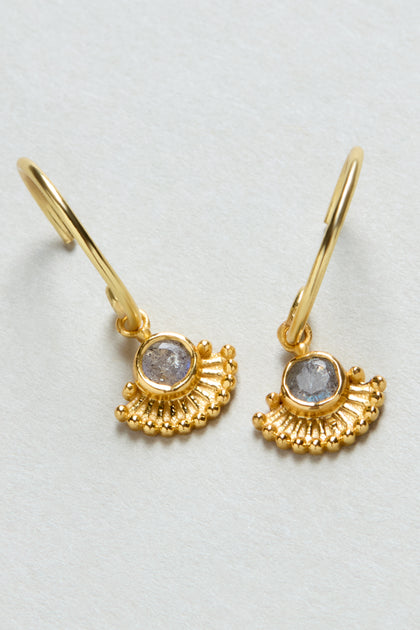 Gold Plated Labradorite Sunburst Earrings feature round labradorite stones in the center with fan-shaped sunburst detailing, displayed on a light background.