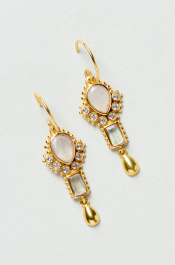 The Gold Plated White Moonstone Ariel Earrings feature teardrop and rectangular gemstones with small clear stones and gold teardrop charms.