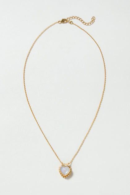 Gold Plated White Moonstone Heart Necklace, elegantly displayed on a plain white background.