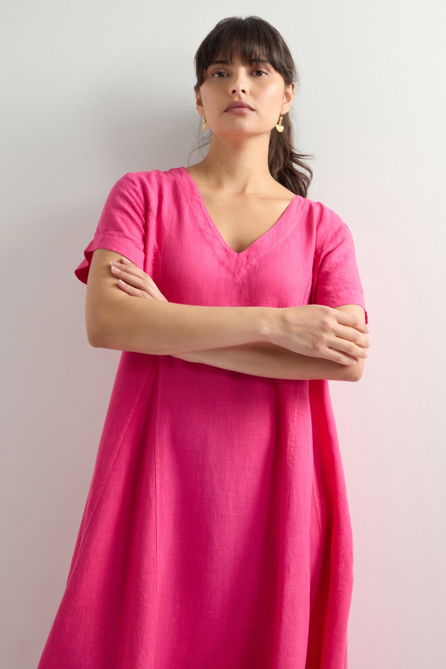 Linen V Neck Flared Dress