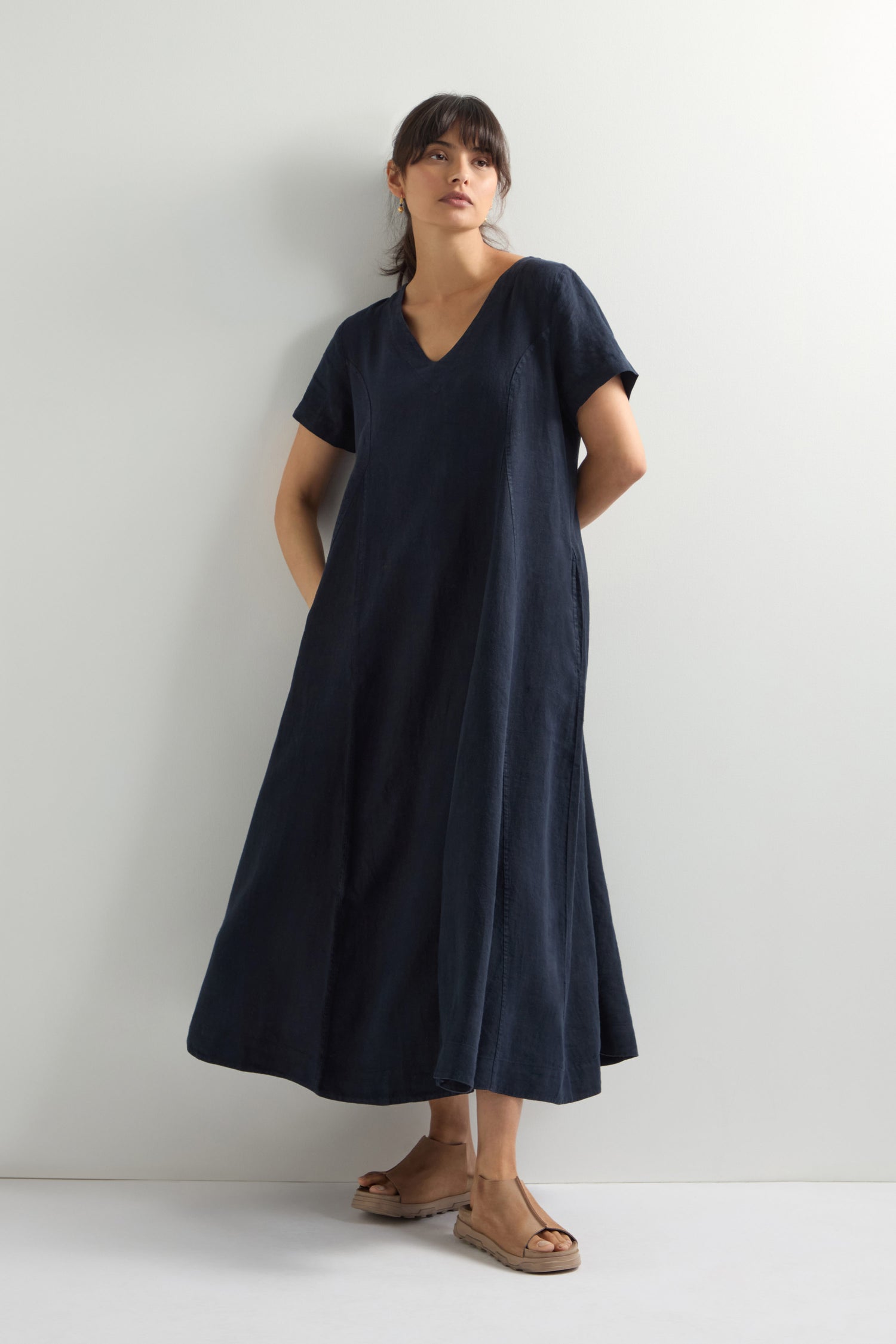 Linen V Neck Flared Dress