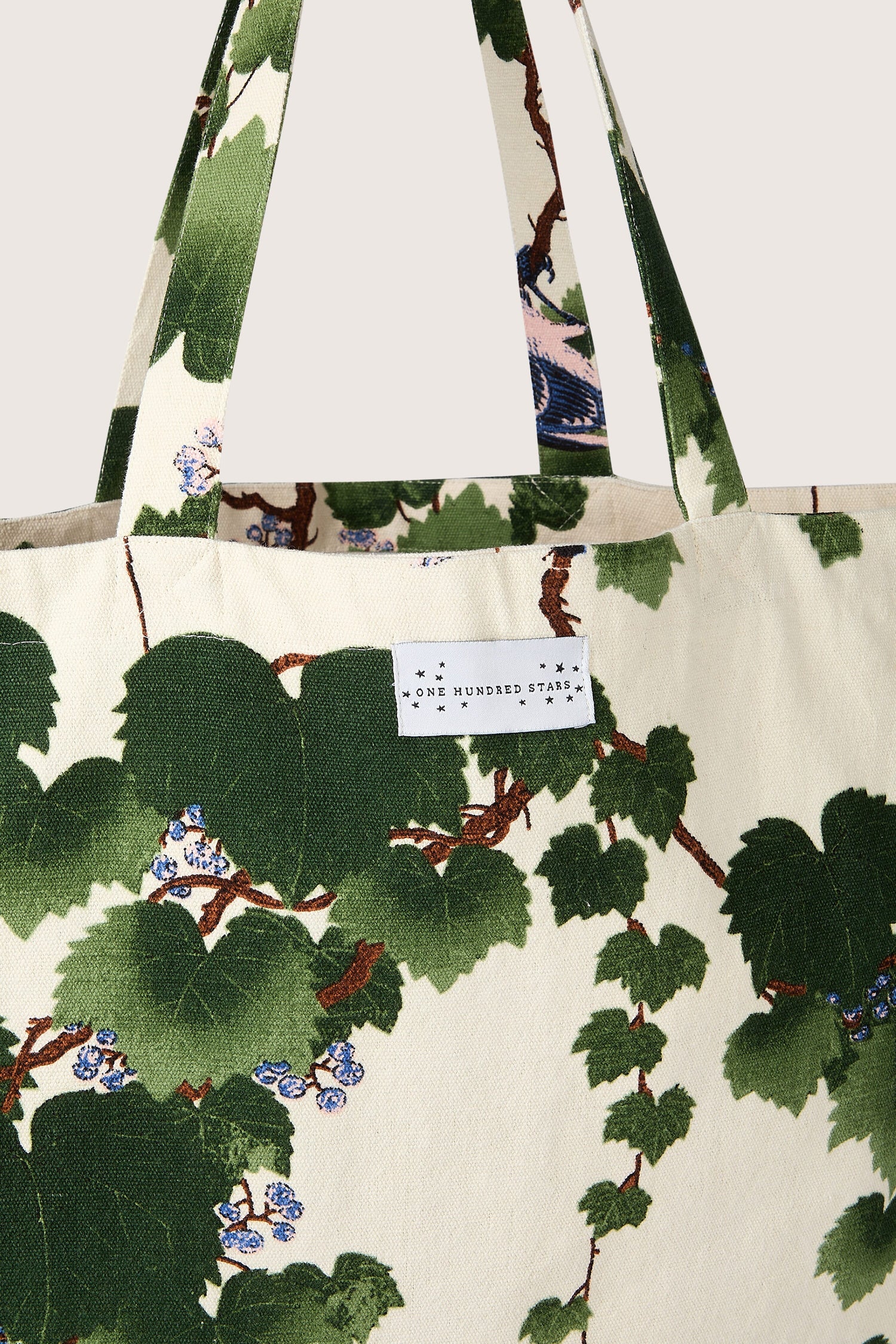 Acer Canvas Bag with a botanical print and the label "one hundred stars," crafted from sustainable cotton.