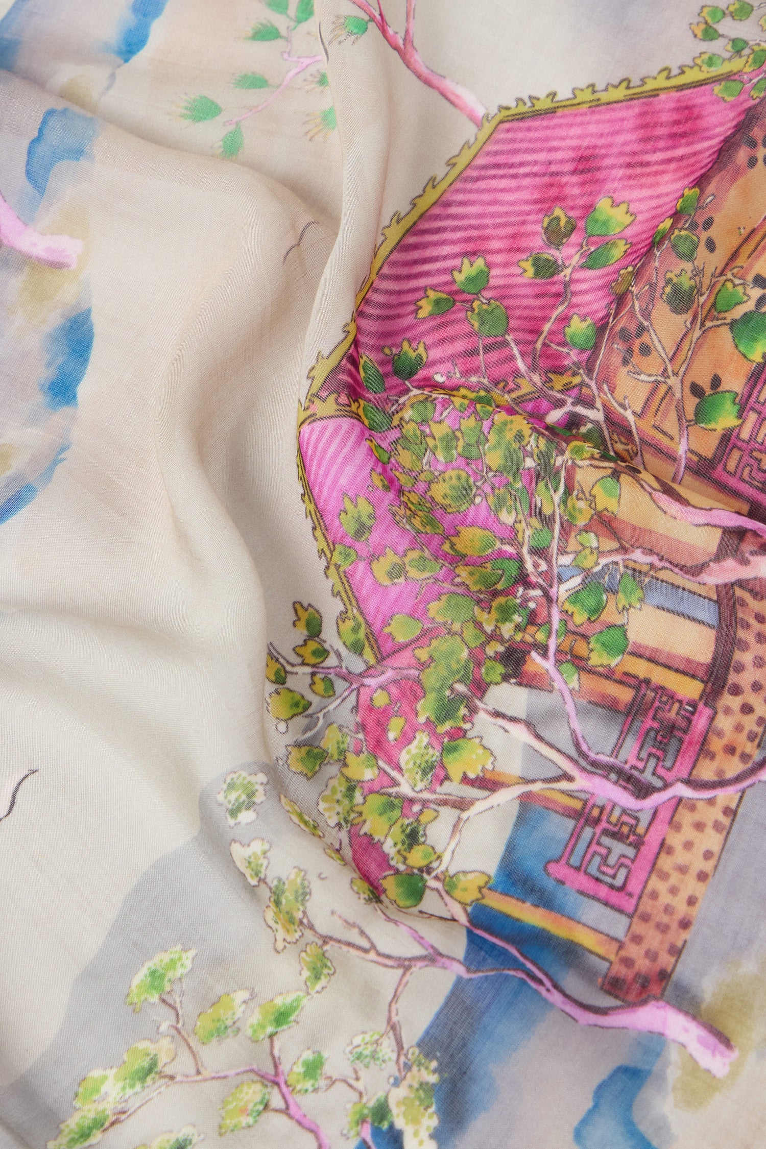 Introducing the Landscape Scarf - a delicate fabric featuring a colorful print of a pink building, green foliage, and blue accents. The design appears hand-painted with vibrant and detailed patterns, reminiscent of Japanese landscape watercolors.