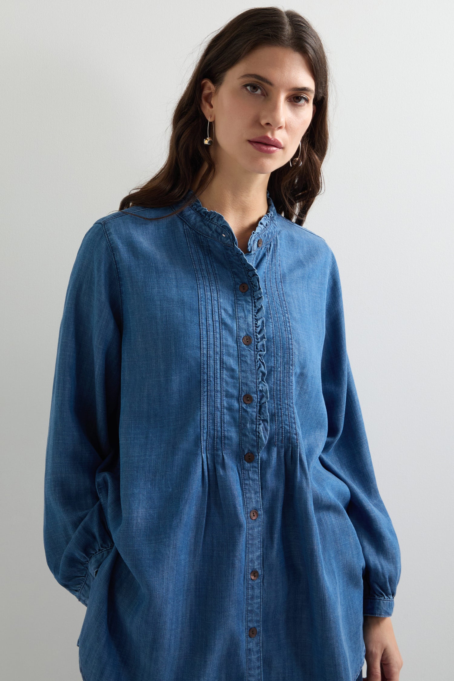 Fluid Denim Frill Placket Shirt