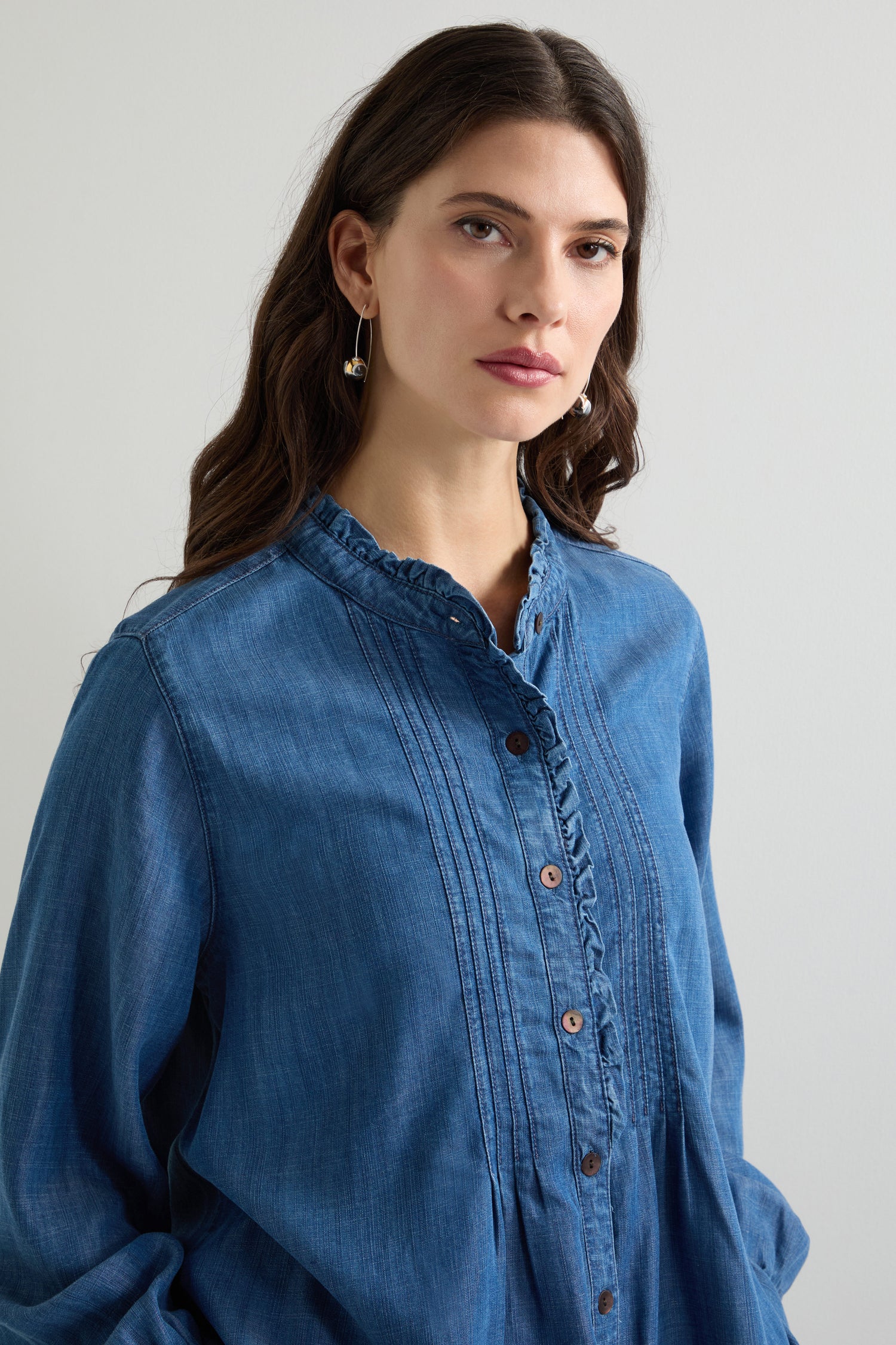 Fluid Denim Frill Placket Shirt