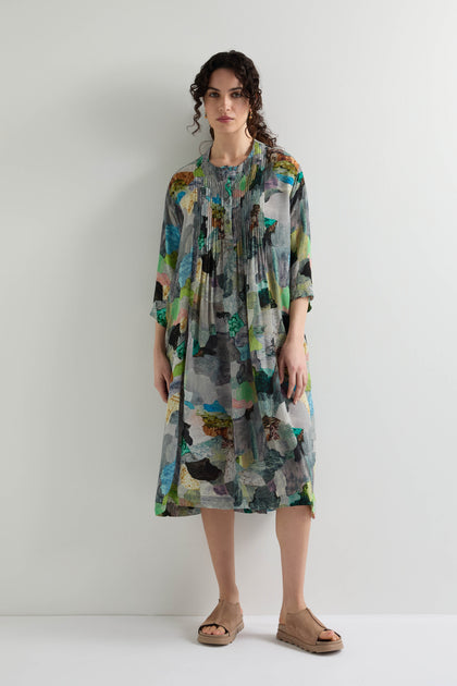 Landscape Print Pleated Dress