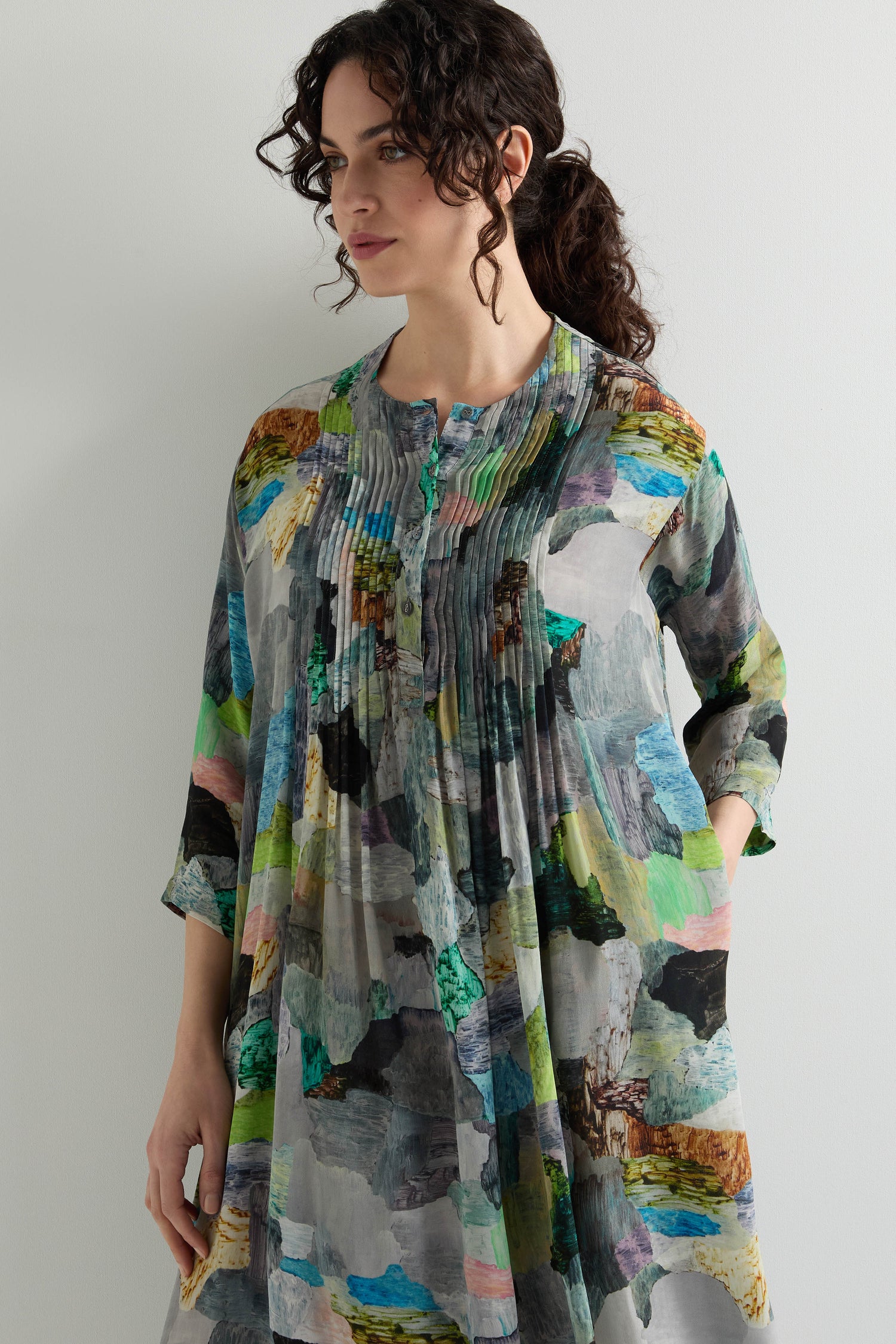 Landscape Print Pleated Dress