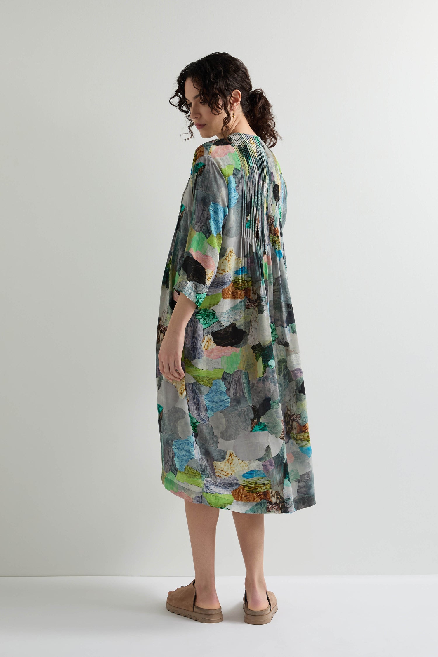 Landscape Print Pleated Dress